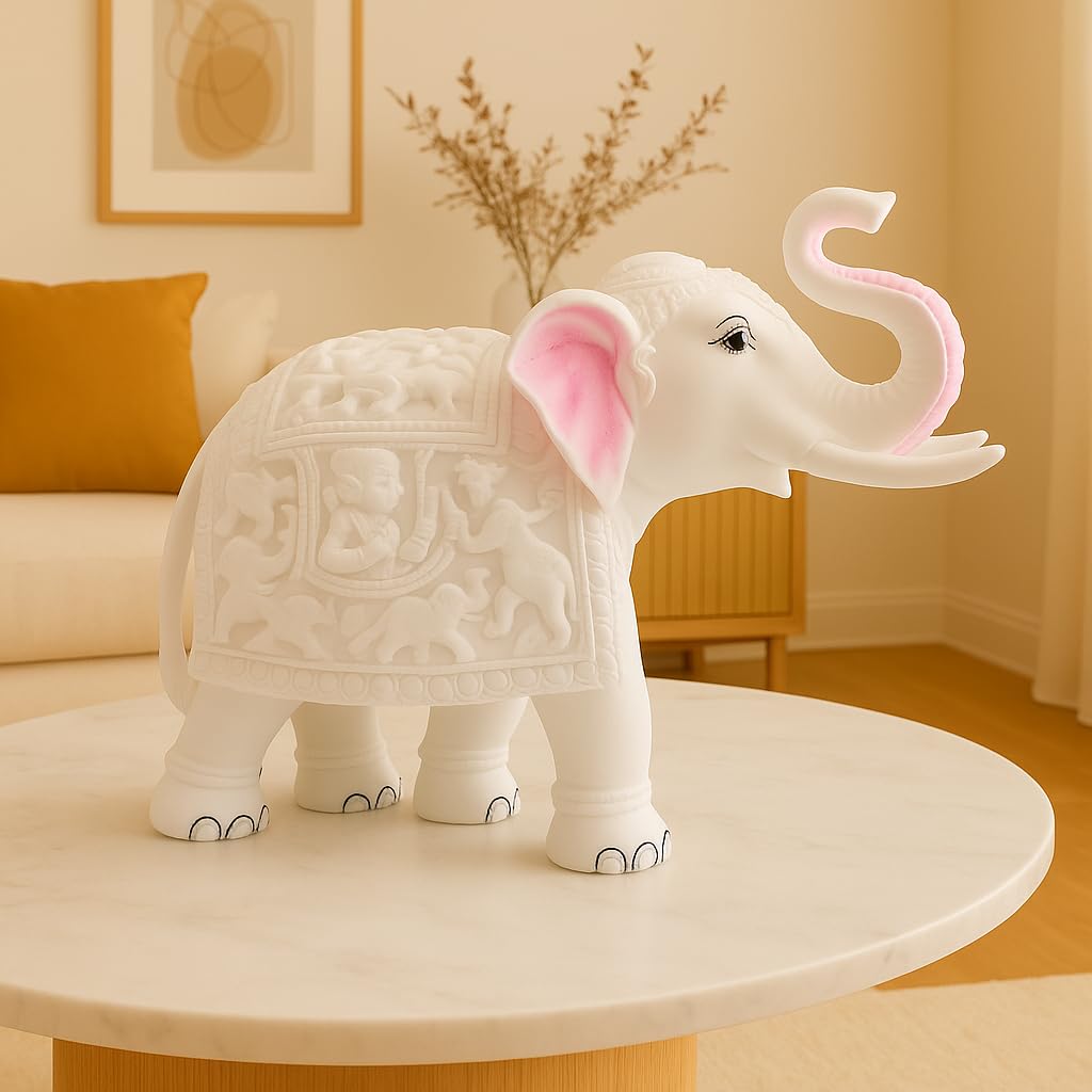 White Marble Elephant Statue for Living Room & Entrance, Vaastu Feng Shui Showpiece, Home Decor Gift, Office Table, Animal Decorative Showpiece for Good Luck (8.5x8 Inch, White)