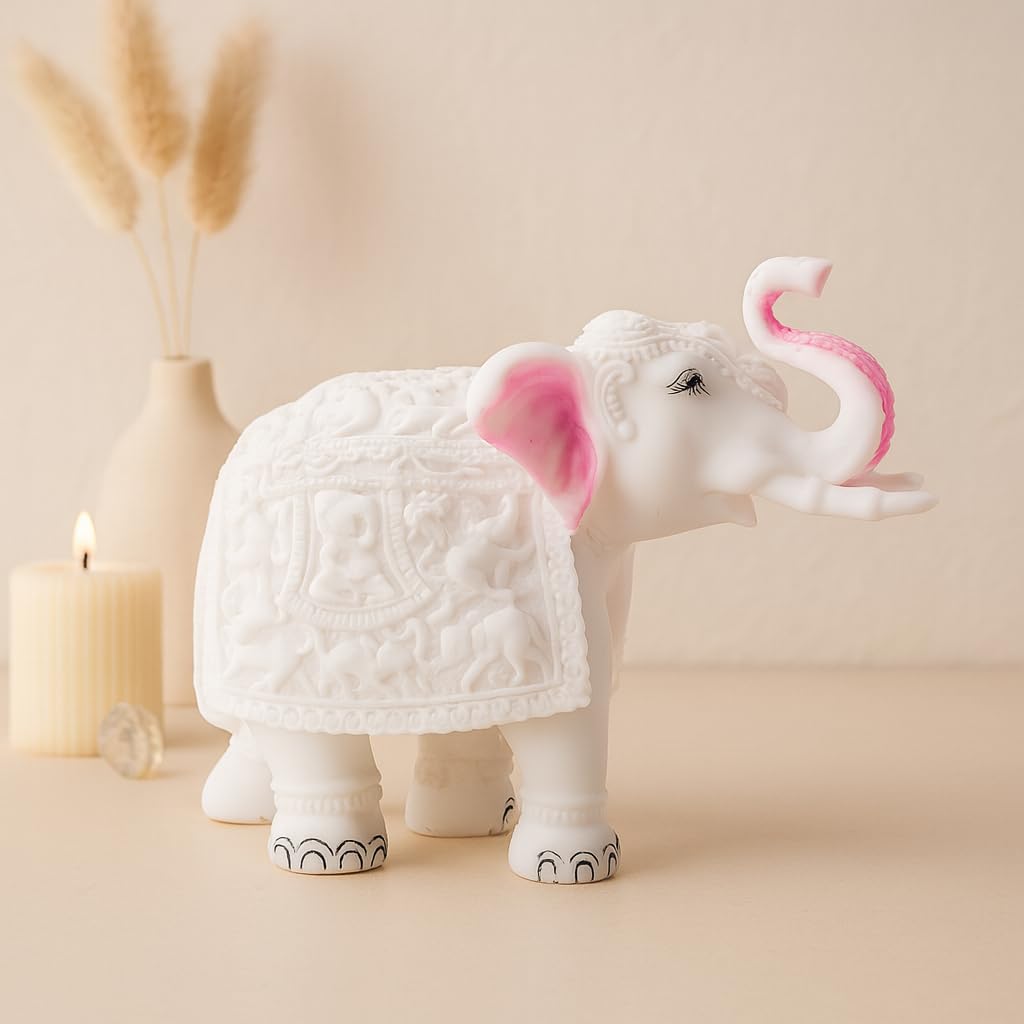 White Marble Elephant Statue for Living Room & Entrance, Vaastu Feng Shui Showpiece, Home Decor Gift, Office Table, Animal Decorative Showpiece for Good Luck (8.5x8 Inch, White)