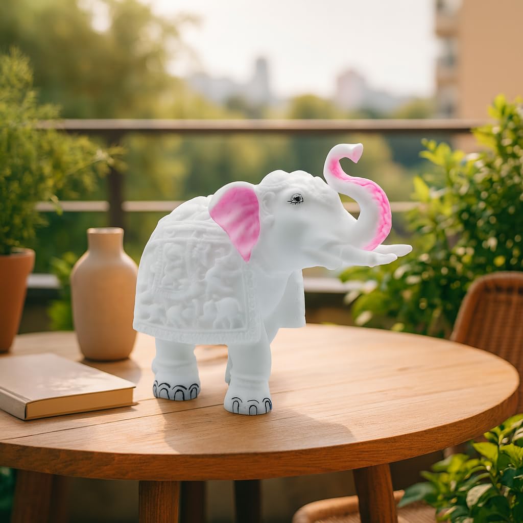 White Marble Elephant Statue for Living Room & Entrance, Vaastu Feng Shui Showpiece, Home Decor Gift, Office Table, Animal Decorative Showpiece for Good Luck (8.5x8 Inch, White)