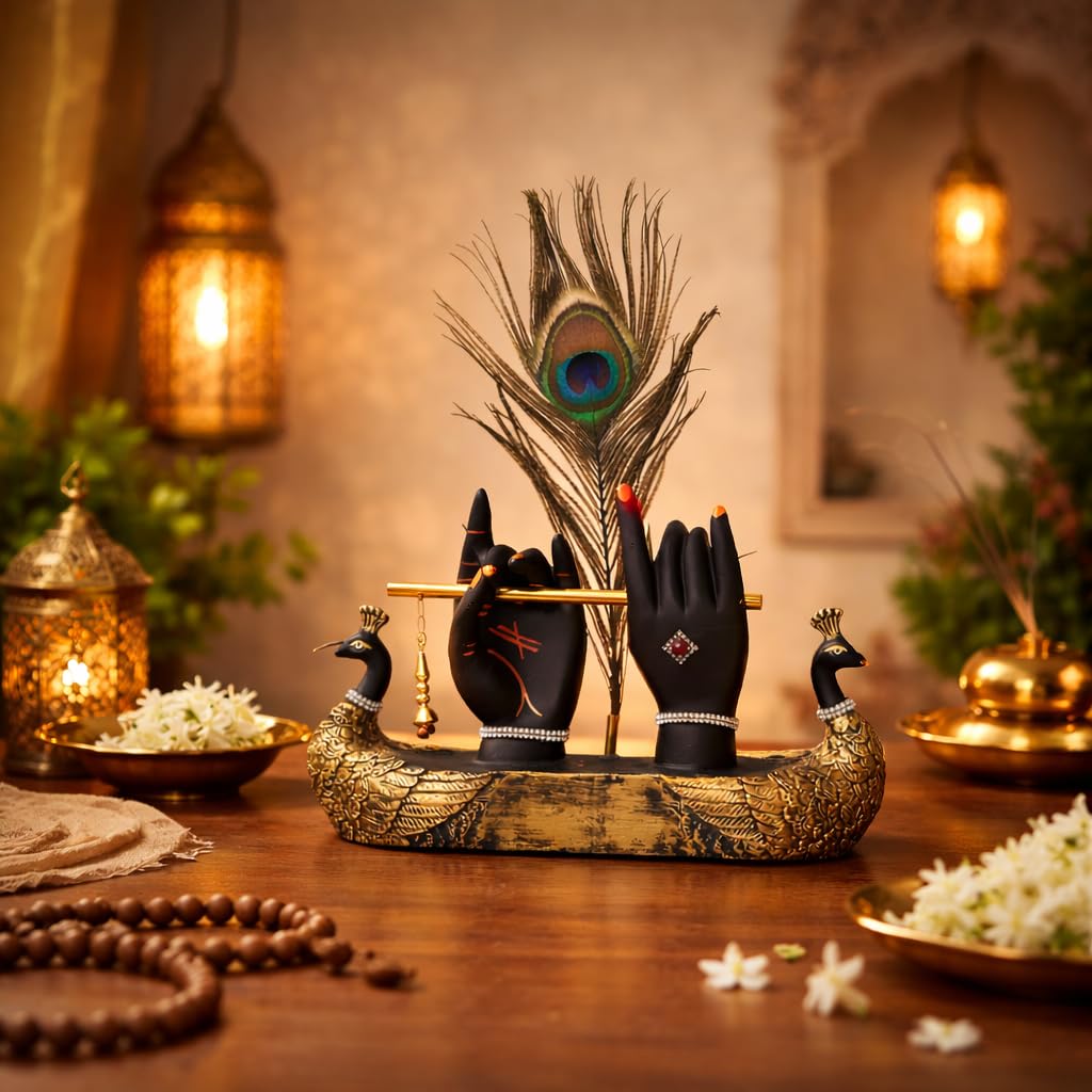 Krishna Hand with Flute & Peacock Feather Idol for Home Decor Gift, Office & Living Room, Peacock Showpiece with Flute, Lord Laddo Gopal Figurine Murlidhar, Kanhaiya, Makhan Chor, Diwali Decoration