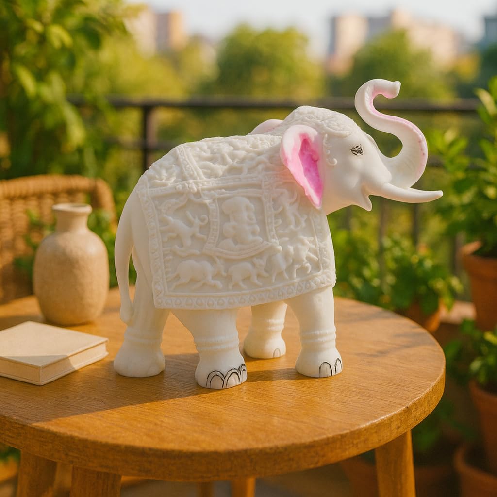 White Marble Elephant Statue for Living Room & Entrance, Vaastu Feng Shui Showpiece, Home Decor Gift, Office Table, Animal Decorative Showpiece for Good Luck (8.5x8 Inch, White)