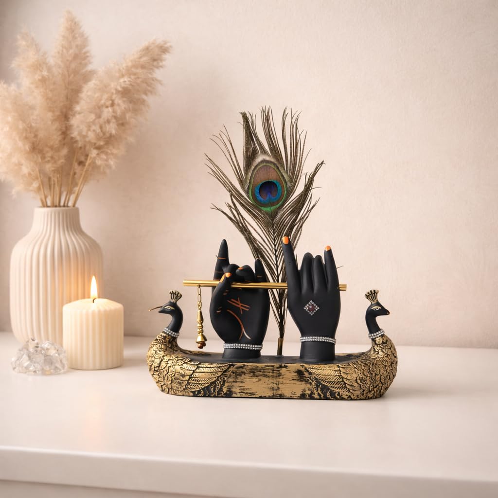 Krishna Hand with Flute & Peacock Feather Idol for Home Decor Gift, Office & Living Room, Peacock Showpiece with Flute, Lord Laddo Gopal Figurine Murlidhar, Kanhaiya, Makhan Chor, Diwali Decoration
