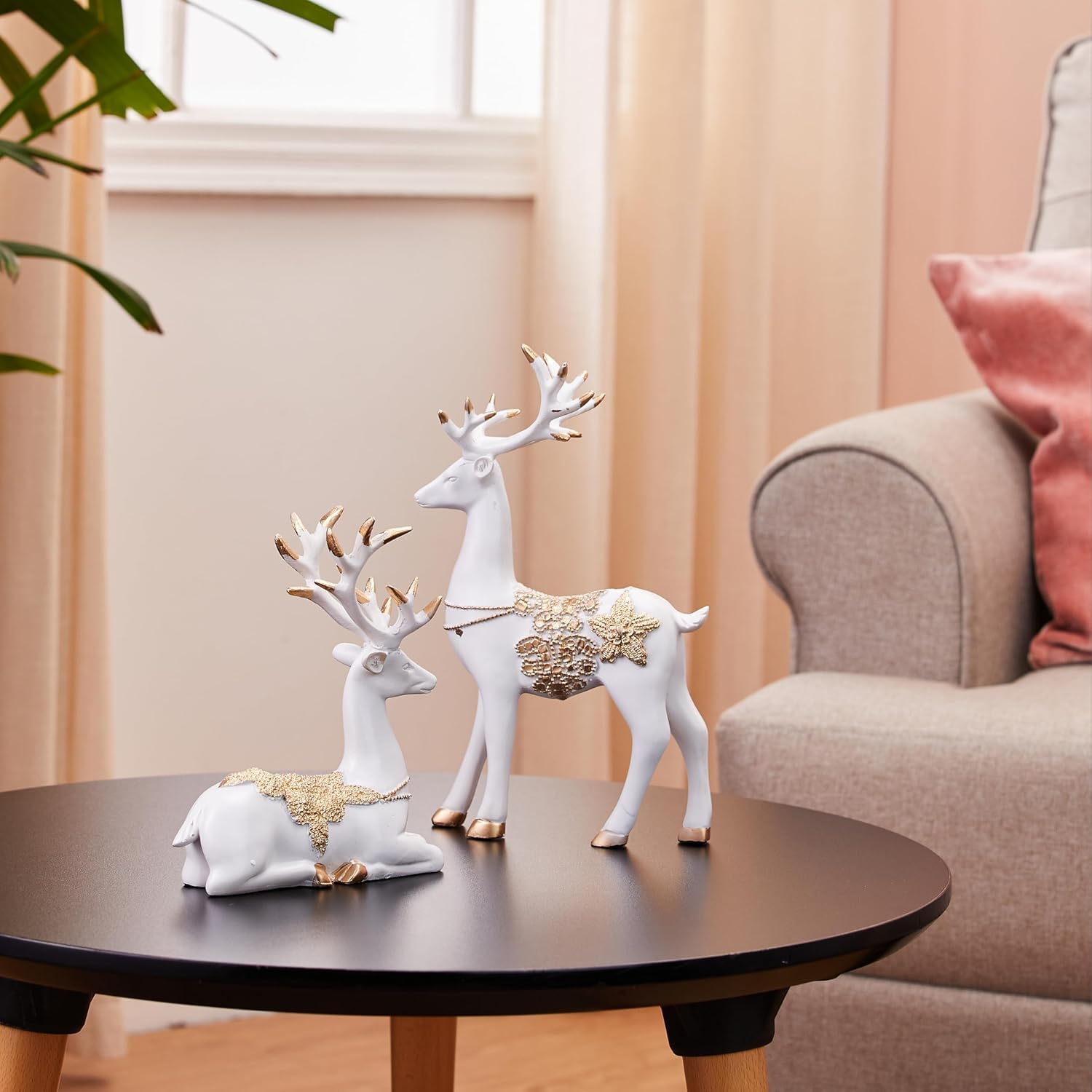 Basics Creative Resin Golden and White Reindeer Sculptures | Beautiful Home Decor Handicraft Resin | Elevates The Energy of Your Room (Pack of 2, White and Golden)