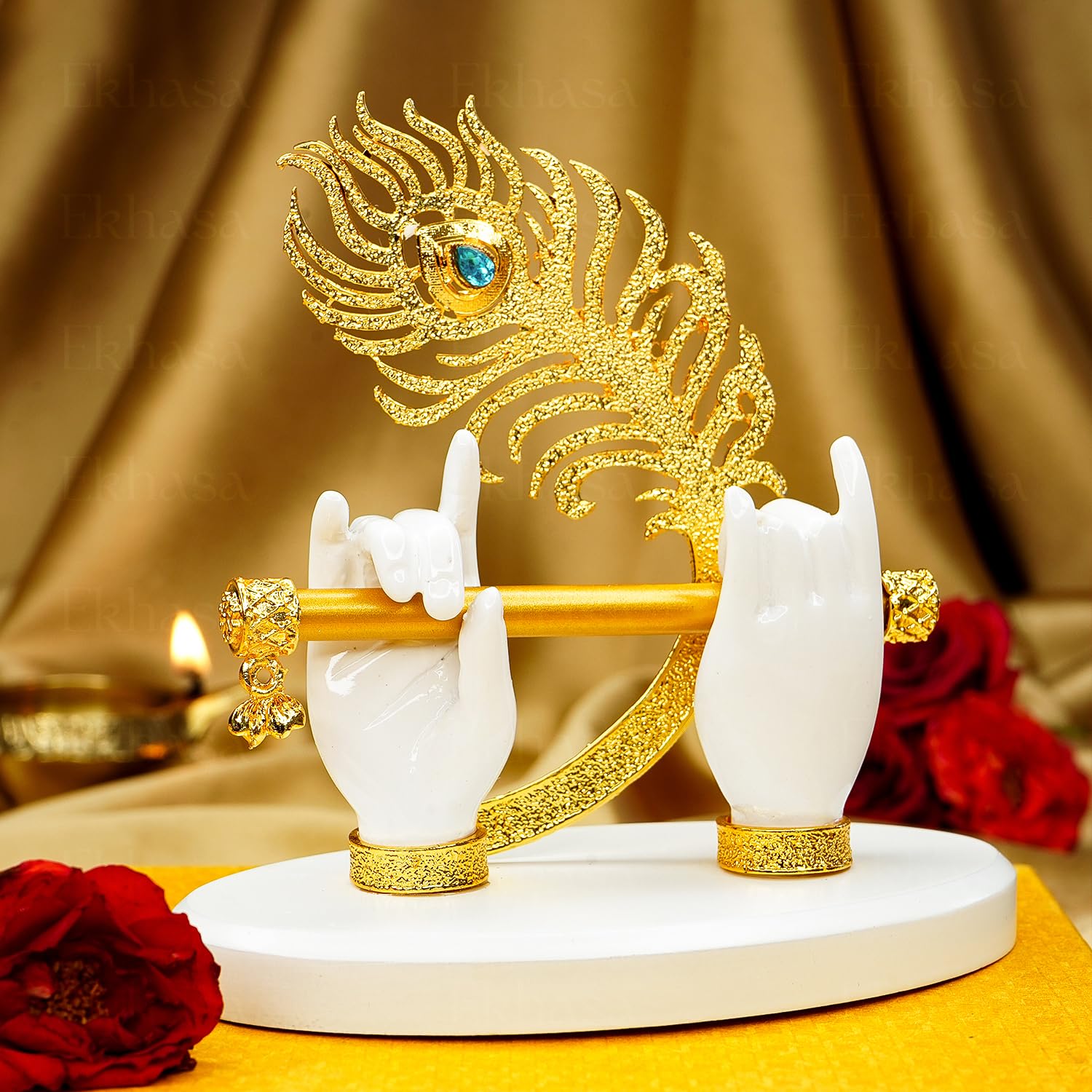 Lord Krishna Hands with Flute Idol (Small Size) | Krishnaji Divine Hands Idol with Flute and Peacock Feather | Krishna Statue for Car Dashboard & Griha Pravesh Gift