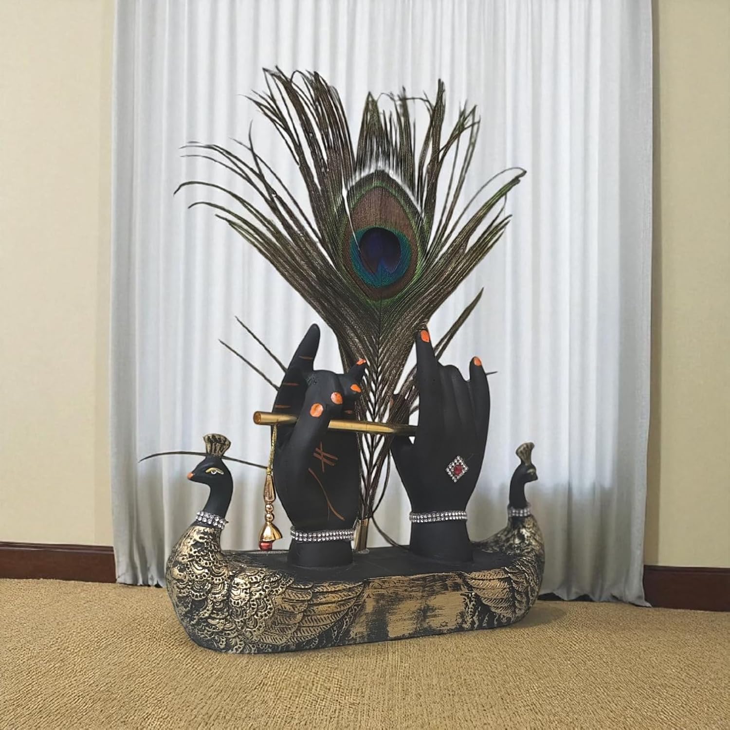 Krishna Hand with Flute & Peacock Feather Idol for Home Decor Gift, Office & Living Room, Peacock Showpiece with Flute, Lord Laddo Gopal Figurine Murlidhar, Kanhaiya, Makhan Chor, Diwali Decoration