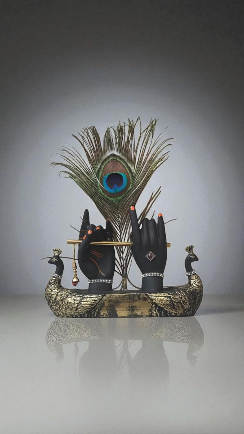 Krishna Hand with Flute & Peacock Feather Idol for Home Decor Gift, Office & Living Room, Peacock Showpiece with Flute, Lord Laddo Gopal Figurine Murlidhar, Kanhaiya, Makhan Chor, Diwali Decoration