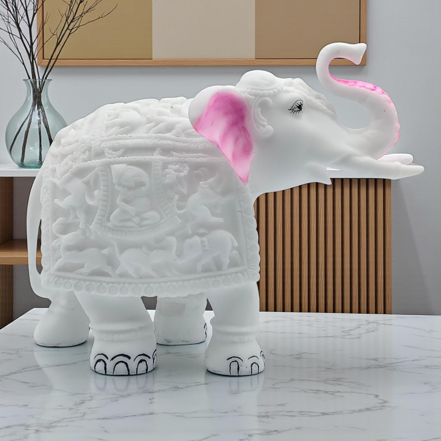 White Marble Elephant Statue for Living Room & Entrance, Vaastu Feng Shui Showpiece, Home Decor Gift, Office Table, Animal Decorative Showpiece for Good Luck (8.5x8 Inch, White)